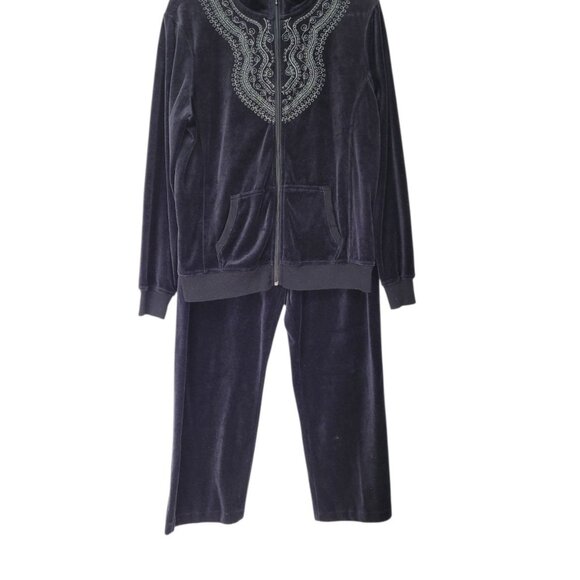 Vintage Velour Tracksuit Womens L Embellished Bling Full Zip 2pc Set Black - Picture 2 of 16